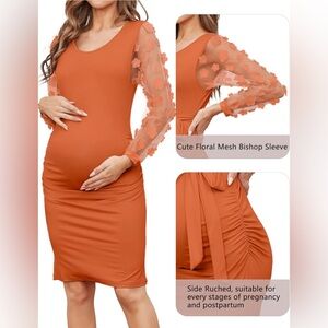 Orange Floral Mesh Sleeve Maternity Dress